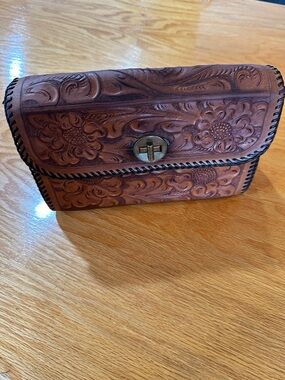 Hand Crafted Vintage Brown Tooled Floral Leather Clutch